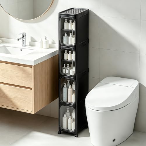 4-Tier Narrow Storage Cabinet Slim Bathroom Storage Cabinet with Movable Wheels Tall Bathroom Organizer Skinny Cabinet for Small Spaces，Black - color: Black, size: 4-tier