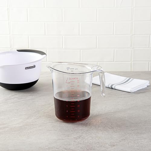 Restaurantware RW Base 2 Quart Measuring Jar 1 Durable Measuring Beaker - Metric And Imperial Units V-Shaped Spout Clear Plastic Measuring Cup Handle With Thumb-Grip Tolerates Up To 248F - color: Clear, size: 7.75" × 6.00" × 7.50"