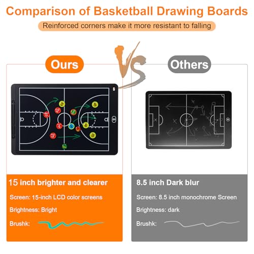 Electronic LCD Basketball Coaching Board, 15" Magnetic Strategy Board | Magnetic Player Pieces, Quick Erase LCD Screen, Dual-Sided Board for Basketball Strategy, Plays and Coaching