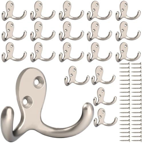 IBosins 20 Pack Silvery Double Prong Coat Hooks Wall Mounted with 40 Screws - color: 20 Pcs Silvery