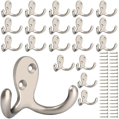 IBosins 20 Pack Silvery Double Prong Coat Hooks Wall Mounted with 40 Screws - color: 20 Pcs Silvery