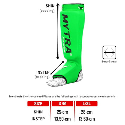 Mytra Fusion Shin Pads Instep Protector Kick Boxing Muay Thai Training Elasticated shin Guards - color: Green, size: Large-X-Large