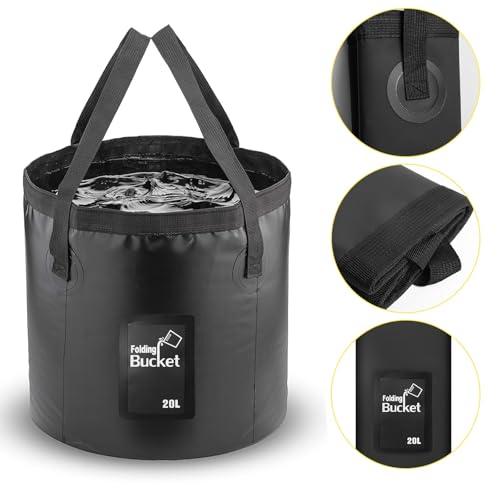 20L Collapsible Bucket – 5 Gallon Portable Folding Water Container with Handles for Car Wash, Camping, Gardening & Fishing Outdoor Use – Leakproof, Durable Foldable Space-Saving Design (Black)