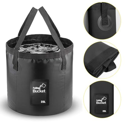 20L Collapsible Bucket – 5 Gallon Portable Folding Water Container with Handles for Car Wash, Camping, Gardening & Fishing Outdoor Use – Leakproof, Durable Foldable Space-Saving Design (Black)