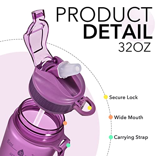 Hyeta Plastic Water Bottle With Straw & Time Marker, 32oz Leakproof Jug - color: Lavender