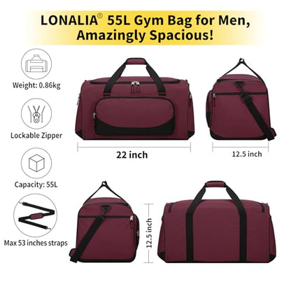 55L Large Sports Duffle Gym Bag for Men, Maroon - color: Maroon