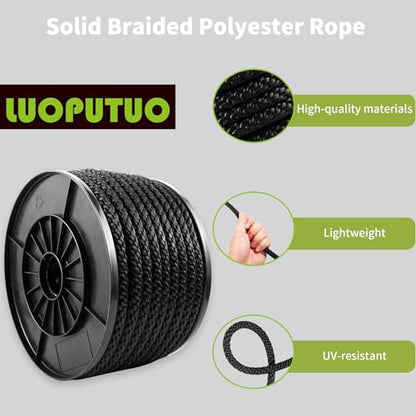 1/2 Inch × 100 FT Black Polyester Solid Braid Rope – UV & Abrasion Resistant, Low Stretch, Multipurpose for Flagpole Halyard, Clothesline, Camping, and Utility Tasks - size: 1/2 In×100 FT