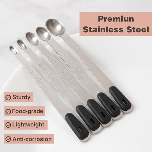 Mini Measuring Spoons Set, Tiny Stainless Steel Measure Teaspoons with Black Silicone Handle, Suitable for Small Amount of Dry or Liquid Ingredients and Spices (1/64, 1/32, 1/16, 1/8, 1/4 tsp) - color: Black