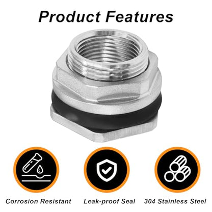 Murtenze 3/4" Bulkhead Water Tank Connector, Stainless Steel Water Tank Fitting Thru-bulk Adapter, Water Pipe Connector for Rain Barrels/Aquariums/Water Tanks - size: 0.75 Inch