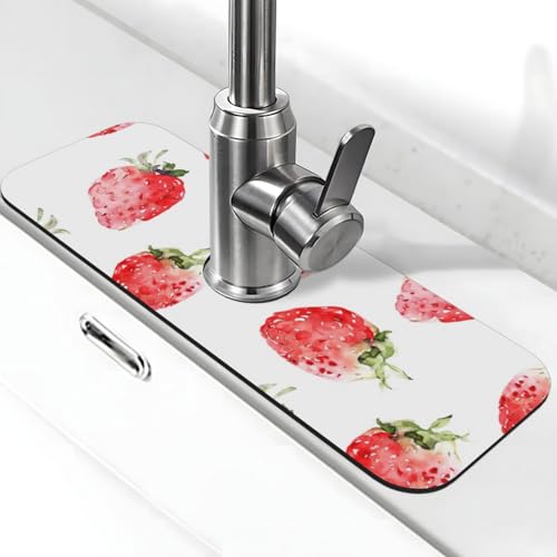 Faucet Draining Mat For Kitchen Sink, Watercolor Strawberries Diatom Mud Absorbent Drain Pad For Bathroom Kitchen Sink Splash Guard Drying Mat - color: Watercolor Strawberries