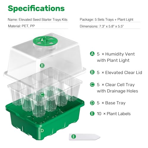 10 Packs Seed Starter Tray with Elevated Lid, 120 Cells Thicken Seed Starting Trays Kit with Adjustable Humidity Vent, Clear Cell Tray and Heightened Lids for Greenhouse & Gardens, Green - color: Green, size: 10 Packs, NO light