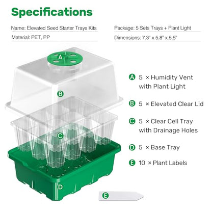 10 Packs Seed Starter Tray with Elevated Lid, 120 Cells Thicken Seed Starting Trays Kit with Adjustable Humidity Vent, Clear Cell Tray and Heightened Lids for Greenhouse & Gardens, Green - color: Green, size: 10 Packs, NO light