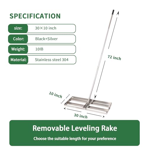 Lawn Leveling Rake - 30'' x 10'' Stainless Steel Lawn Leveler, Heavy Duty Ground Plate Rake for Yard, with Adjustable 72'' Long Handle, Effort Saving Lawn Level Tool for Farm, Garden, Golf Lawn