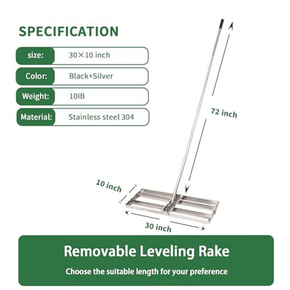 Lawn Leveling Rake - 30'' x 10'' Stainless Steel Lawn Leveler, Heavy Duty Ground Plate Rake for Yard, with Adjustable 72'' Long Handle, Effort Saving Lawn Level Tool for Farm, Garden, Golf Lawn