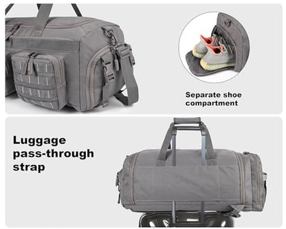 LHI 50L Tactical Duffle Bag for Men, 3-in-1 Gym Duffle and Backpack, Shoe Compartment, Laptop Sleeve and MOLLE, Carry-On Travel Weekender and Overnight Bag – Gray - color: Gray