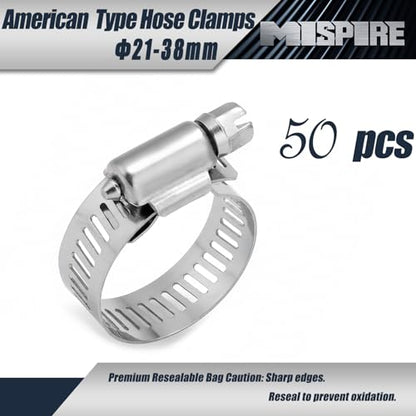 50PCS Worm Gear Clamps 21-38mm, Hose Clamps Adjustable Perforated Worm Gear Clamps, Stainless Steel for Plumbing, Garden Hose, Fuel Line, General Household and Automotive Use - size: Φ21-38mm