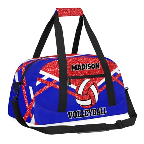 Custom Names Volleyball Bag, Red Bling Glittering with Royal Blue | Personalized Name Gymnastics Sport Bag Women (not real glitter) - color: Red Blue
