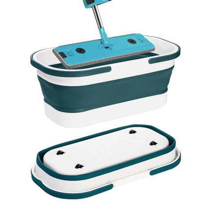 Yesland 2 Pack Collapsible Plastic Bucket with Wheels, 12L (3.17 Gallon) Foldable Rectangular Mop Bucket, Portable Water Pail with Handle for House Cleaning, Car Washing, Fishing, Camping, Gray & Blue