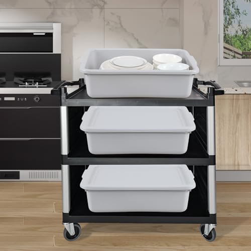 13 Liter Plastic Bus Tubs with Lids, Commercial Tote Box Set of 3, Grey