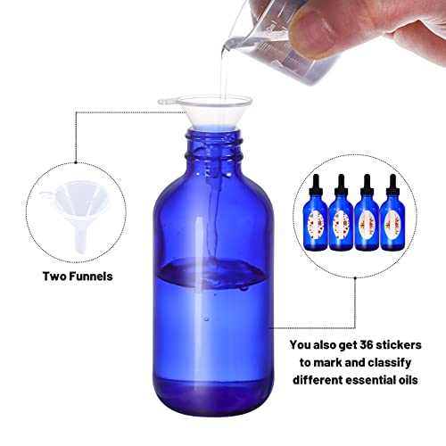 24 Pack 4oz Cobalt Blue Glass Bottles with Glass Eye Droppers for Essential Oils, Perfumes & Lab Chemicals (2 Brushes, 2 Funnels, 2 Extra Droppers, 36 Pieces Labels & Measuring Cup Included) - color: Cobalt Blue