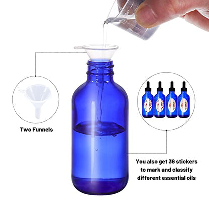 24 Pack 4oz Cobalt Blue Glass Bottles with Glass Eye Droppers for Essential Oils, Perfumes & Lab Chemicals (2 Brushes, 2 Funnels, 2 Extra Droppers, 36 Pieces Labels & Measuring Cup Included) - color: Cobalt Blue