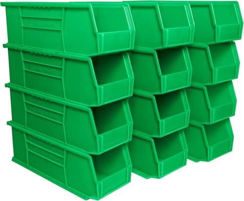 Akro-Mils 30234 AkroBins Plastic Storage Bins, Space-Saving Stackable Bins for Garage, Pantry, Craft Organization, 15" x 5" x 5", Green, 12-Pack - color: Green
