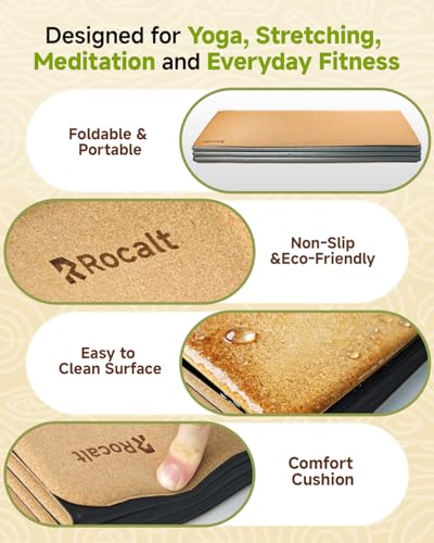 Rocalt Foldable Cork Yoga Mat, Non Slip Travel Pilates Workout Mat