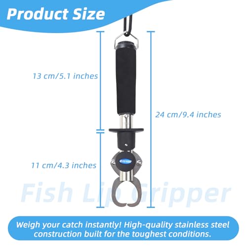 Fish Gripper with Scale – 33 lb Stainless Steel Fish Lip Gripper, EVA No-Slip Handle, Quick-Release Fish Lip Clamp, Adjustable Wrist Lanyard for Kayak, Boat & Bank Fishing