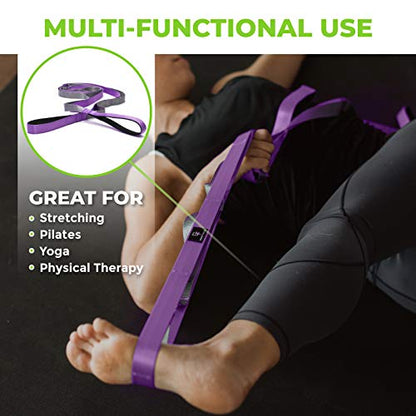 Stretching Strap for Physical Therapy, 12 Multi-Loop Stretch Strap 1" W x 8' L, Neoprene Handles, Physical Therapy Equipment, Yoga Straps for Stretching, Leg Stretcher. - color: Purple/Grey