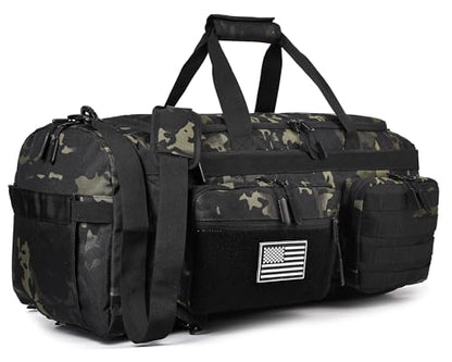 LHI 50L Tactical Duffle Bag for Men, 3-in-1 Gym Duffle and Backpack, Shoe Compartment, Laptop Sleeve and MOLLE, Carry-On Travel Weekender and Overnight Bag – Black CP Camo - color: Black CP Camo
