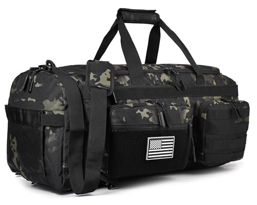 LHI 50L Tactical Duffle Bag for Men, 3-in-1 Gym Duffle and Backpack, Shoe Compartment, Laptop Sleeve and MOLLE, Carry-On Travel Weekender and Overnight Bag – Black CP Camo - color: Black CP Camo