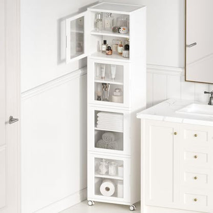 Vtopmart 63.2" Tall Slim Bathroom Storage Cabinet with 4 Adjustable Shelves and 4 Doors, Freestanding Narrow Cabinets Organizer with Wheels and Anti-tip for Laundry, Kitchen, Pantry, White