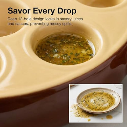 Hemoton Ceramic Escargot Baking Dish, 12 Holes Snail Plate with Handles, Round Mushroom Server for Oven to Table, Scallop Shrimp Appetizer Tray, Kitchen Cooking Pan for Home, Restaurant, 6.75 Inch