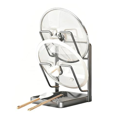 Pot Lid Holder With Drip Tray 2-In-1 Kitchen Countertop Organizer For Pot Lids, Cutting Boards, And Utensils, Space-Saving Design With Easy-Clean Drainage Tray, Black Metal