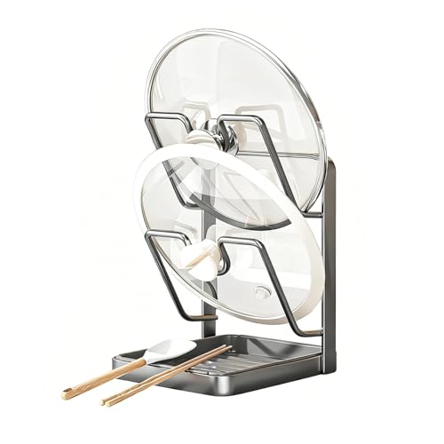 Pot Lid Holder With Drip Tray 2-In-1 Kitchen Countertop Organizer For Pot Lids, Cutting Boards, And Utensils, Space-Saving Design With Easy-Clean Drainage Tray, Black Metal