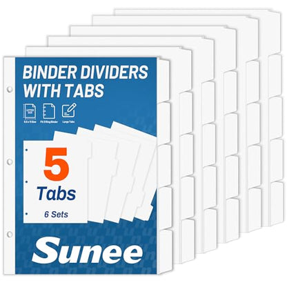 SUNEE Binder Dividers with Tabs for 3 Ring Binder, 8.5 x 11 Paper White Binder Dividers Blank with 5 Tabs, 6 Sets Page Dividers for School, Office and Home, 30 Dividers