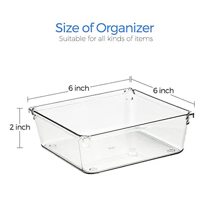 Ravinte 6 Pack Drawer Organizer - 6" X 6" Plastic Storage Bins, Acrylic Organizers with Non-Slip Pads Clear Desk Storage Tray for Makeup, Jewelries, Kitchen Utensils, Bathroom and Office - size: 6" x 6"
