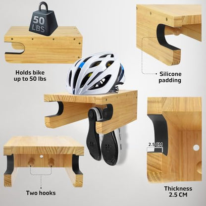 Wooden Bike Wall Mount Rack with Shelf and Hooks, Bike Hanger Wall Mount