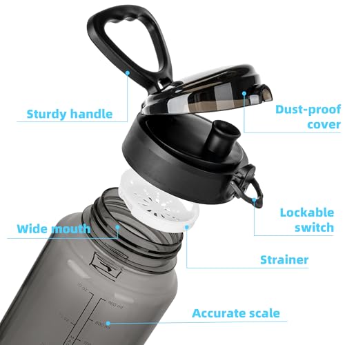 Fanhaw 32oz Clear Plastic Water Bottle with Anti-dust Lid, Black - color: Black
