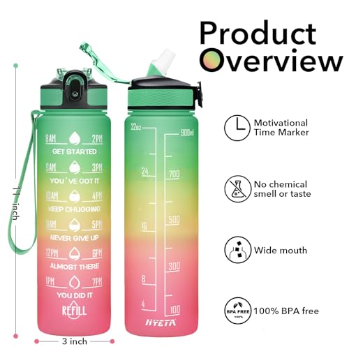 Hyeta Water Bottle with Straw & Time Marker, Plastic 32oz Leakproof - color: Signal Lights