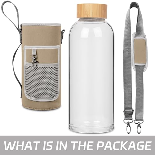 48 oz Sports Borosilicate Glass Water Bottle with Bamboo Lid with Neoprene Sleeve - color: Gold-x