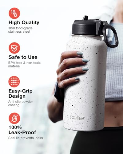 Coolflask 32 oz Water Bottle Insulated with Straw & 3 Leakproof Lids - color: Arctic White, size: 32 Ounces