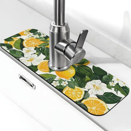Faucet Draining Mat For Kitchen Sink, Yellow Lemons Green Leaves Diatom Mud Absorbent Drain Pad For Bathroom Kitchen Sink Splash Guard Drying Mat - color: Yellow Lemons Green Leaves
