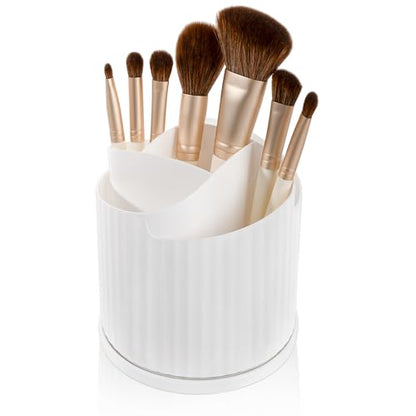360 Rotating Makeup Brush Holder Organizer 5 Slots Make Up Brushes Cup Flower-Shaped Spinning Pen Holder for Vanity, Cosmetics, Lipsticks, White