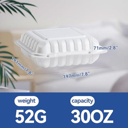 7.8" 30oz 3 Compartment Food Containers - Shrink Wrap Ready to Use | 65 Pack Mineral Filled PP Clamshell | BPA Free Freezer Microwave Safe | Reusable White Lunch Box for Leftovers, Take Out - size: 7.8 inch 30 oz