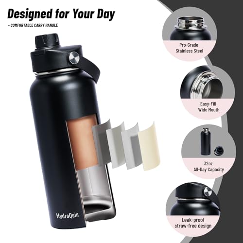 32 oz Insulated Water Bottle Matte Black Stainless Steel Flask - color: Obsidian Black