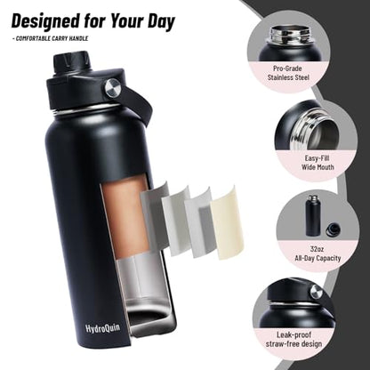 32 oz Insulated Water Bottle Matte Black Stainless Steel Flask - color: Obsidian Black