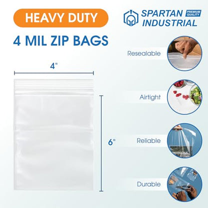 Spartan Industrial - 200 Count - 4” X 6” (4 Mil Heavy Duty) Thick Clear Plastic Reclosable Zip Poly Bags with Resealable Lock Seal Zipper - Durable - size: 4" X 6"