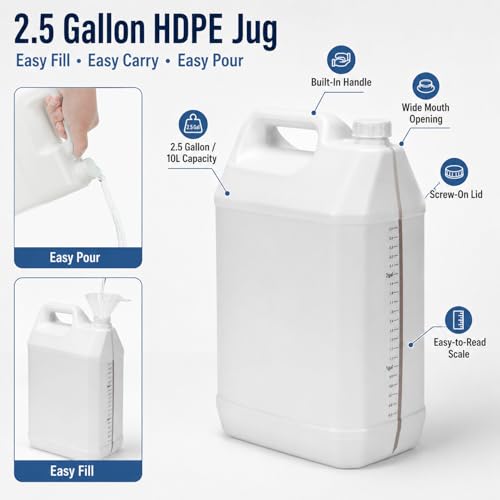 2.5 Gallon Water Jug with Lid, 10 Liter HDPE Plastic Carboy Jar, Empty Gallon Jug and Liquid Storage Container for Water, Used Oil and Garage Use