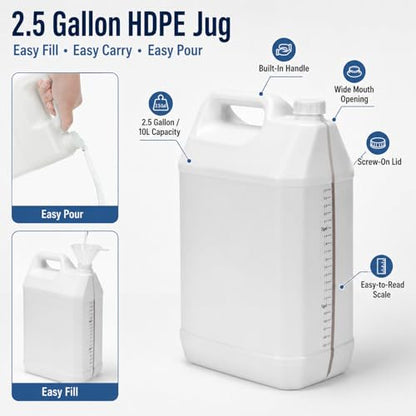 2.5 Gallon Water Jug with Lid, 10 Liter HDPE Plastic Carboy Jar, Empty Gallon Jug and Liquid Storage Container for Water, Used Oil and Garage Use